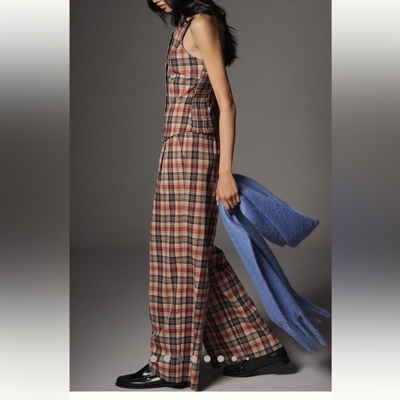 NWT Anthropologie Plaid Wide-Leg Pants Red Black Sparkle The Avery Small Petite - Picture 5 of 17